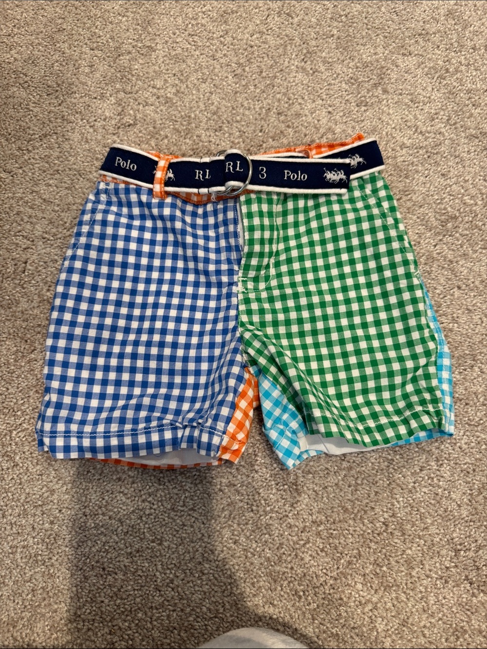 Ralph Lauren Blue & Green Gingham Kids Shorts with Navy Logo Belt